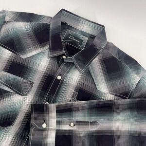 7 Diamond Shirt Mens Large Blue Green Plaid Button Up XXL Cotton Long Sleeve